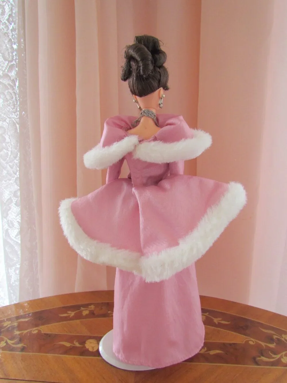 BARBIE BALL GOWN, PINK w WHITE FAUX FUR + SHOES, GREAT for AUDREY HEPBURN DOLL